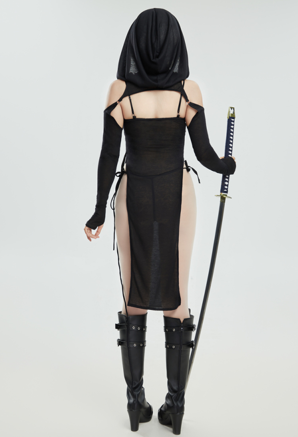 DARK BREATH Sexy Ninja Style Lingerie Set Black Lace up Slit Dress and Hooded Top DARK BREATH Sexy Ninja Style Lingerie Set Black Lace up Slit Dress and Hooded Top