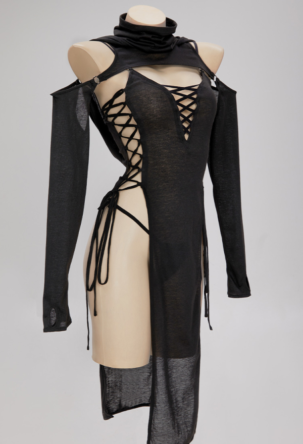 DARK BREATH Sexy Ninja Style Lingerie Set Black Lace up Slit Dress and Hooded Top DARK BREATH Sexy Ninja Style Lingerie Set Black Lace up Slit Dress and Hooded Top