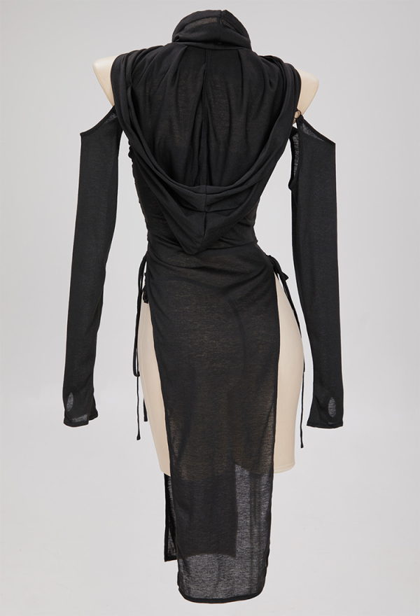 DARK BREATH Sexy Ninja Style Lingerie Set Black Lace up Slit Dress and Hooded Top DARK BREATH Sexy Ninja Style Lingerie Set Black Lace up Slit Dress and Hooded Top