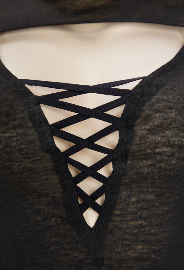 DARK BREATH Sexy Ninja Style Lingerie Set Black Lace up Slit Dress and Hooded Top DARK BREATH Sexy Ninja Style Lingerie Set Black Lace up Slit Dress and Hooded Top