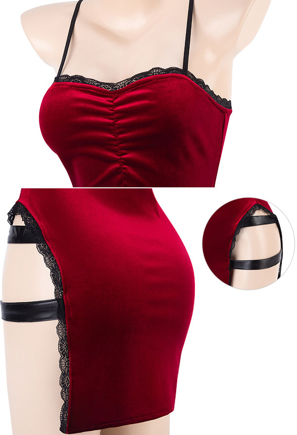Sweet Killer Women Gothic Sexy Red High Slit Slip Dress with Gloves Choker Thong