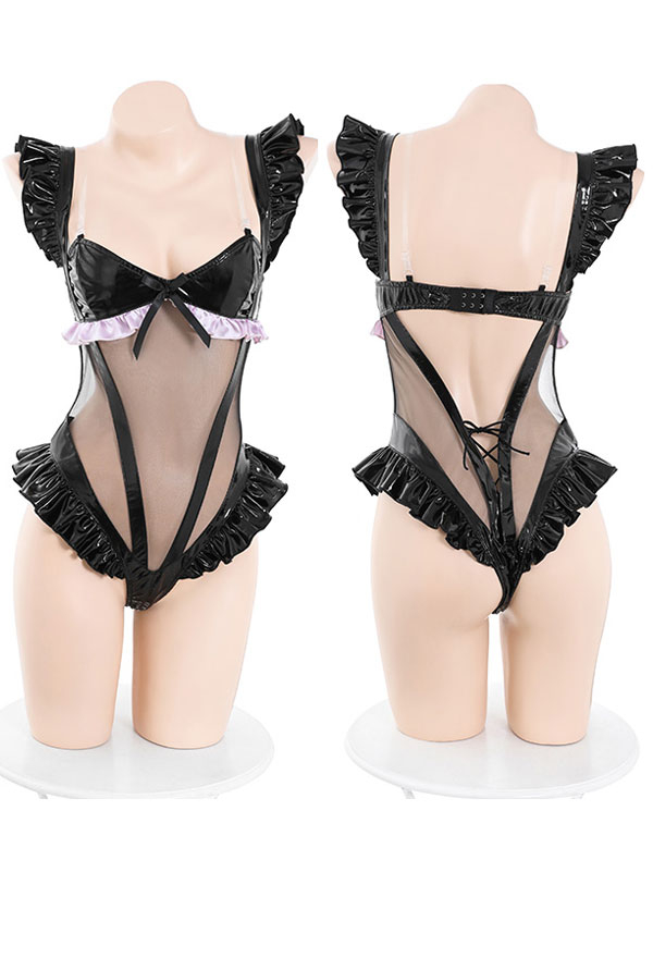 Sleepy Cat Women Gothic Black Pink Maid Style Sheer Bodysuit with Choker Headband