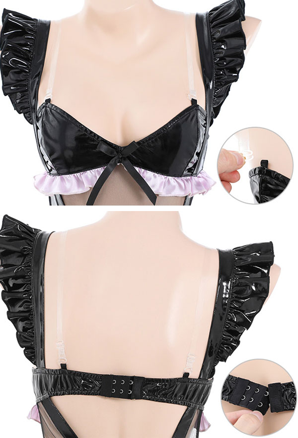 Sleepy Cat Women Gothic Black Pink Maid Style Sheer Bodysuit with Choker Headband