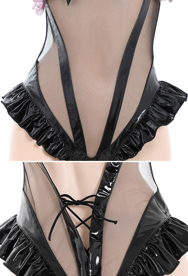 Sleepy Cat Women Gothic Black Pink Maid Style Sheer Bodysuit with Choker Headband