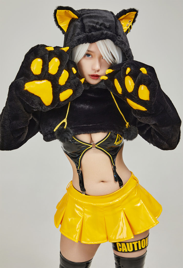 Fierce Fantasy Gothic Dark Yellow Lingerie Set Cat Paw Sexy Bodysuit with Miniskirt and Stockings Fierce Fantasy Gothic Dark Yellow Lingerie Set Cat Paw Sexy Bodysuit with Miniskirt and Stockings