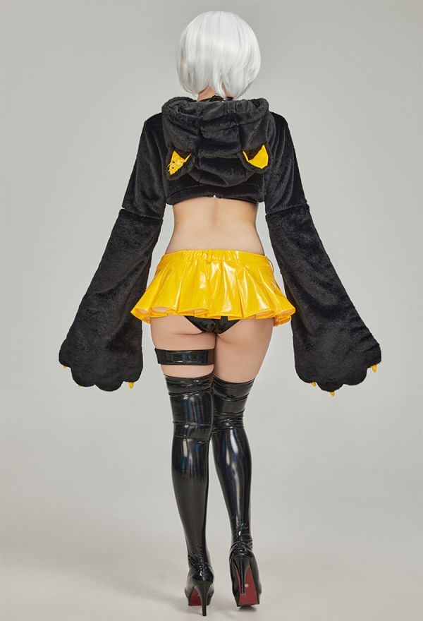 Fierce Fantasy Gothic Dark Yellow Lingerie Set Cat Paw Sexy Bodysuit with Miniskirt and Stockings Fierce Fantasy Gothic Dark Yellow Lingerie Set Cat Paw Sexy Bodysuit with Miniskirt and Stockings
