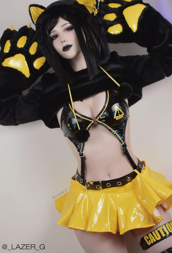 Fierce Fantasy Gothic Dark Yellow Lingerie Set Cat Paw Sexy Bodysuit with Miniskirt and Stockings Fierce Fantasy Gothic Dark Yellow Lingerie Set Cat Paw Sexy Bodysuit with Miniskirt and Stockings