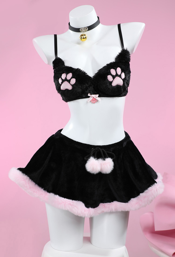 Kawaii Homewear Sexy Lingerie Set Plush Cat Paw Three-Point Top and Panty with Skirt Choker Kawaii Homewear Sexy Lingerie Set Plush Cat Paw Three-Point Top and Panty with Skirt Choker