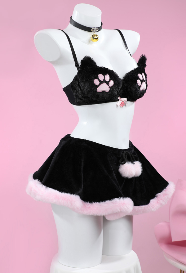 Kawaii Homewear Sexy Lingerie Set Plush Cat Paw Three-Point Top and Panty with Skirt Choker Kawaii Homewear Sexy Lingerie Set Plush Cat Paw Three-Point Top and Panty with Skirt Choker