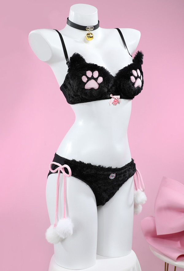 Kawaii Homewear Sexy Lingerie Set Plush Cat Paw Three-Point Top and Panty with Skirt Choker Kawaii Homewear Sexy Lingerie Set Plush Cat Paw Three-Point Top and Panty with Skirt Choker