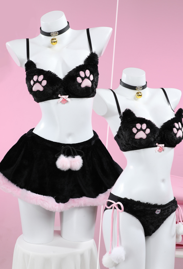 Kawaii Homewear Sexy Lingerie Set Plush Cat Paw Three-Point Top and Panty with Skirt Choker Kawaii Homewear Sexy Lingerie Set Plush Cat Paw Three-Point Top and Panty with Skirt Choker