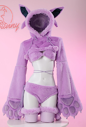 Furry Paw Sexy Lingerie Kawaii Purple Plush Homewear Paw Gloves Hoodie and Bra Panty with Stockings