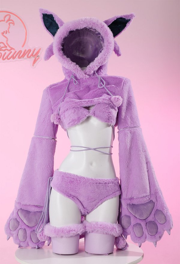 Furry Paw Sexy Lingerie Kawaii Purple Plush Homewear Paw Gloves Hoodie and Bra Panty with Stockings Furry Paw Sexy Lingerie Kawaii Purple Plush Homewear Paw Gloves Hoodie and Bra Panty with Stockings