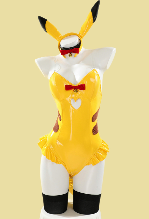 Bunny Girl Sexy Lingerie Set Yellow Bodysuit and Headband with Tail Stockings