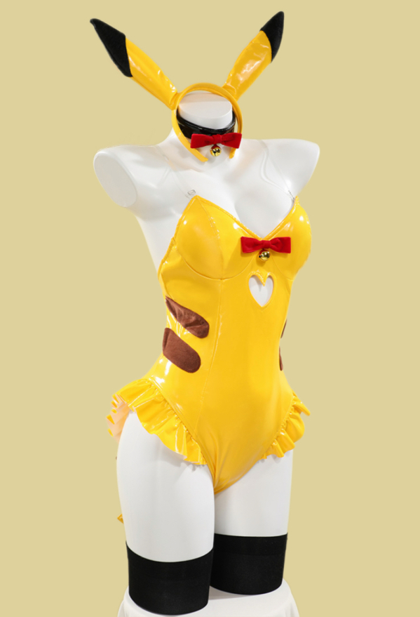 Bunny Girl Sexy Lingerie Set Yellow Bodysuit and Headband with Tail Stockings