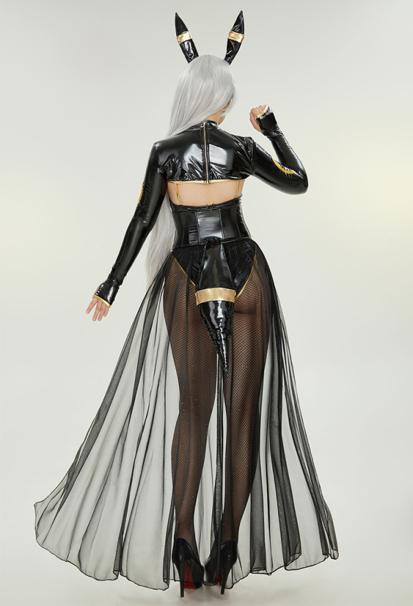 Gothic Sexy Lingerie Set Black Bodysuit and Top with Chiffon Skirt Headband Tail Gothic Sexy Lingerie Set Black Bodysuit and Top with Chiffon Skirt Headband Tail