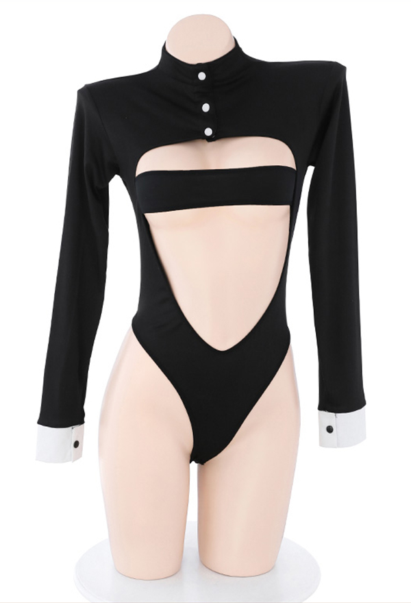 Source of Joy Women Sexy Black Maid Uniform Style Cutout Bodysuit with Apron and Headband Source of Joy Women Sexy Black Maid Uniform Style Cutout Bodysuit with Apron and Headband