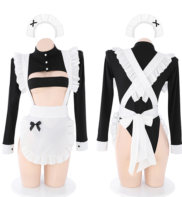 Source of Joy Women Sexy Black Maid Uniform Style Cutout Bodysuit with Apron and Headband Source of Joy Women Sexy Black Maid Uniform Style Cutout Bodysuit with Apron and Headband