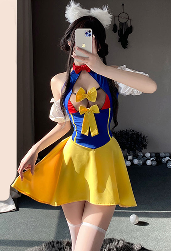 Sexy Multicolor Hollow Backless Puff Sleeves Dress and Panty