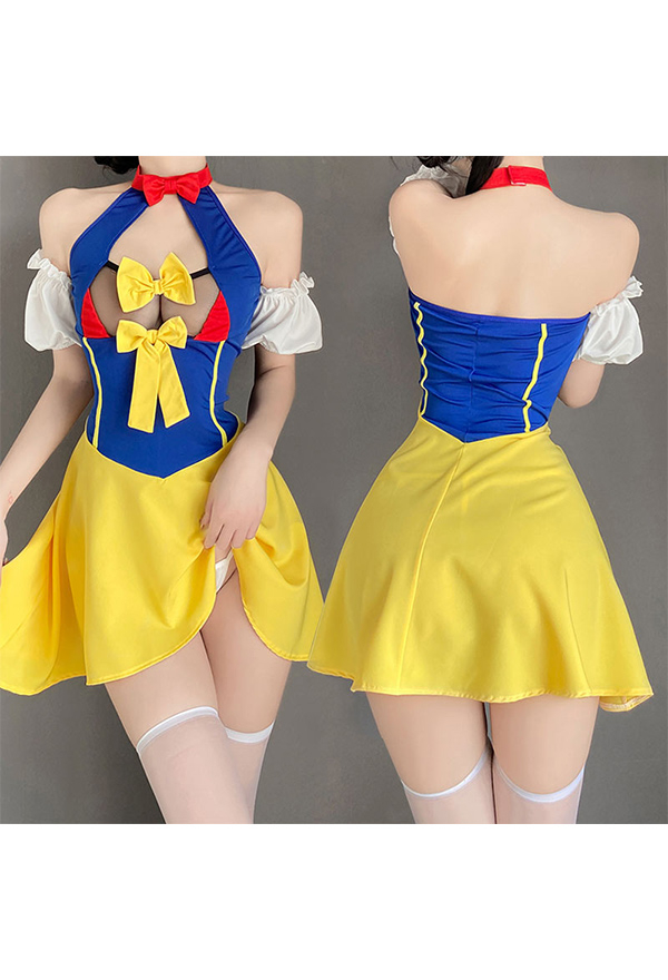 Sexy Multicolor Hollow Backless Puff Sleeves Dress and Panty