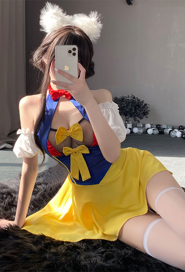 Sexy Multicolor Hollow Backless Puff Sleeves Dress and Panty