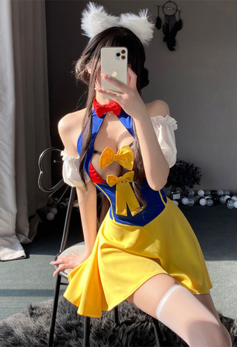 Sexy Multicolor Hollow Backless Puff Sleeves Dress and Panty