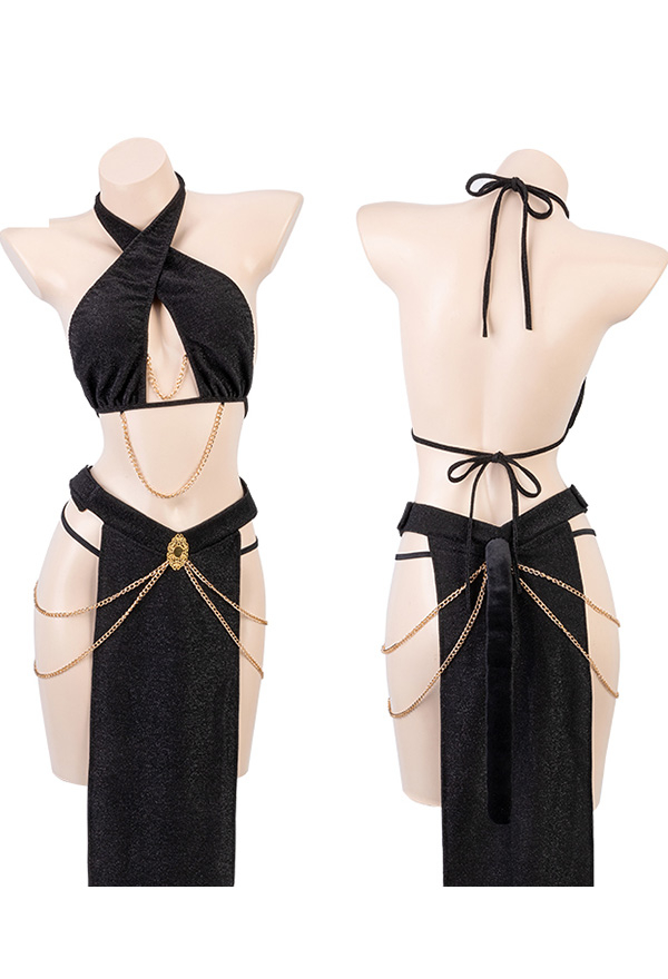 Dark Style Sexy Fashion Lingerie Set Halter Bra and Slit Skirt with Thong