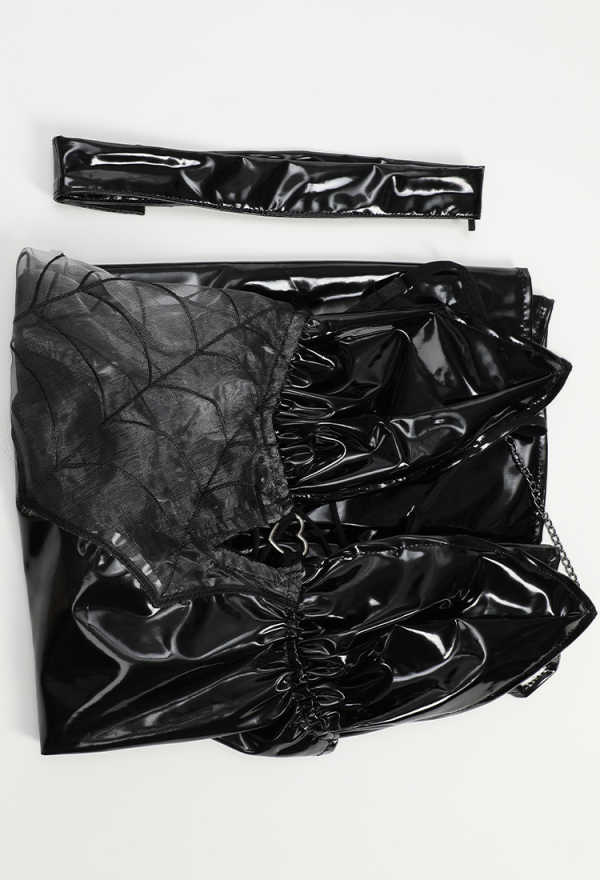 Gothic Sexy Spider Web Lingerie Set Black Patent Leather Lingerie Dress with Thong and Leg Ring