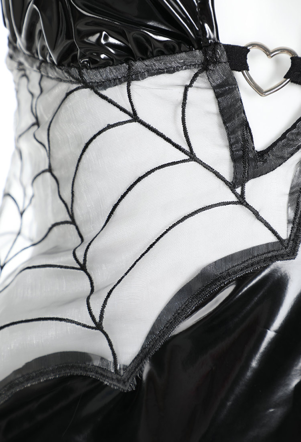 Gothic Sexy Spider Web Lingerie Set Black Patent Leather Lingerie Dress with Thong and Leg Ring
