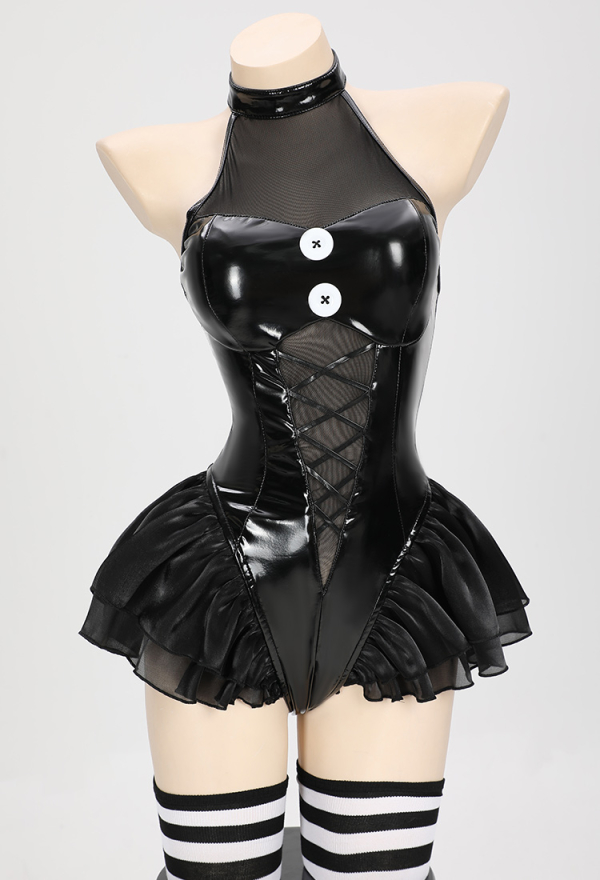 Spooky Puppet Black Bodysuit Set with Black White Striped Gloves and Thigh-High Stockings