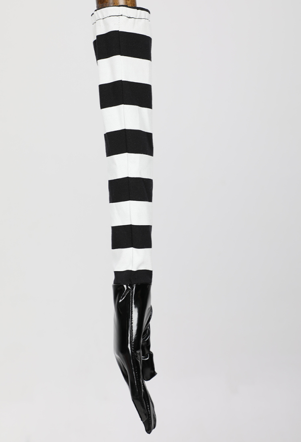 Spooky Puppet Black Bodysuit Set with Black White Striped Gloves and Thigh-High Stockings
