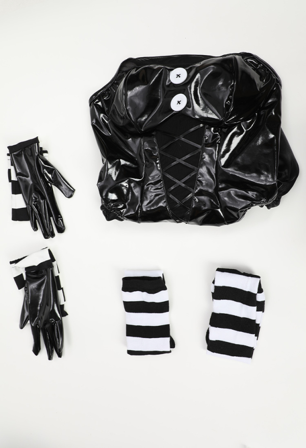 Spooky Puppet Black Bodysuit Set with Black White Striped Gloves and Thigh-High Stockings