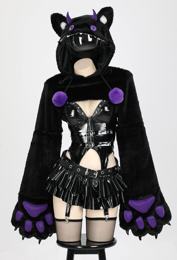 Pawsitive Mood Gothic Sexy Lingerie Set Zipper Top and Thong Black Purple Short Hoodie with Furry Paw Gloves