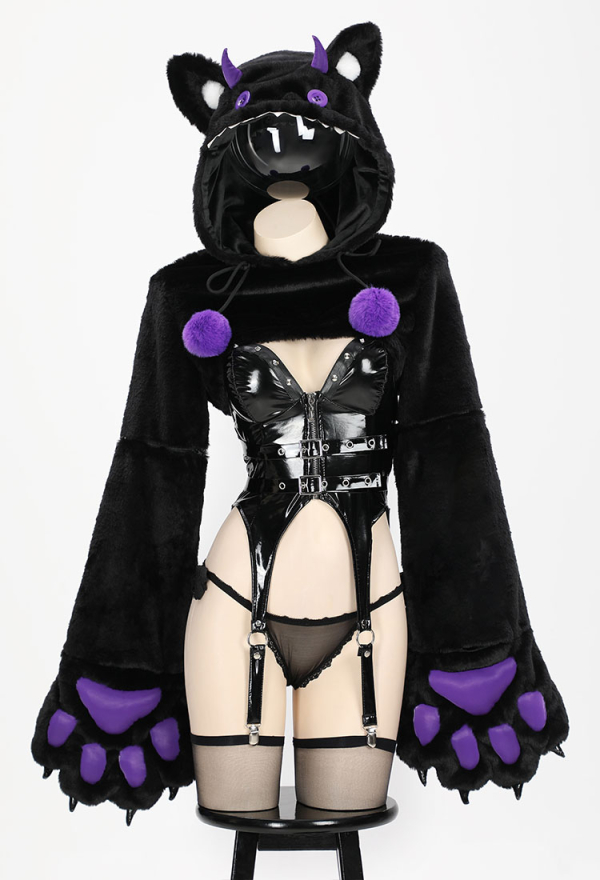 Pawsitive Mood Gothic Sexy Lingerie Set Zipper Top and Thong Black Purple Short Hoodie with Furry Paw Gloves