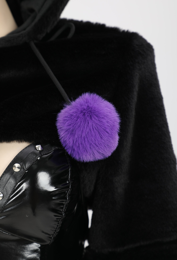 Pawsitive Mood Gothic Sexy Lingerie Set Zipper Top and Thong Black Purple Short Hoodie with Furry Paw Gloves