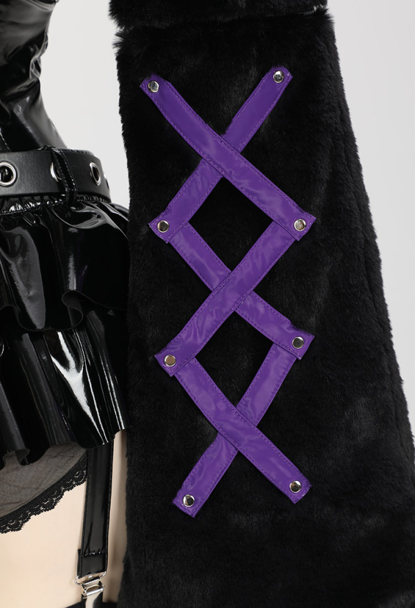 Pawsitive Mood Gothic Sexy Lingerie Set Zipper Top and Thong Black Purple Short Hoodie with Furry Paw Gloves
