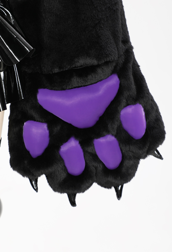 Pawsitive Mood Gothic Sexy Lingerie Set Zipper Top and Thong Black Purple Short Hoodie with Furry Paw Gloves