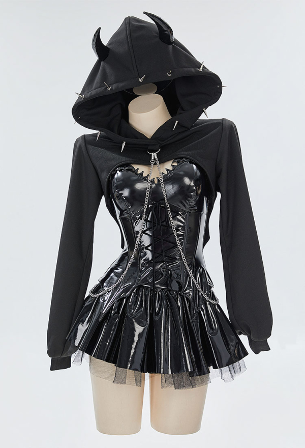 Dark Rebel Gothic Lingerie Set Black Corset Top and Mini Skirt with Short Hoodie and Thigh-High Stockings
