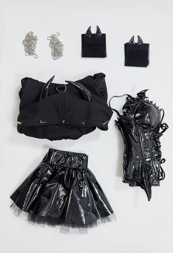Dark Rebel Gothic Lingerie Set Black Corset Top and Mini Skirt with Short Hoodie and Thigh-High Stockings
