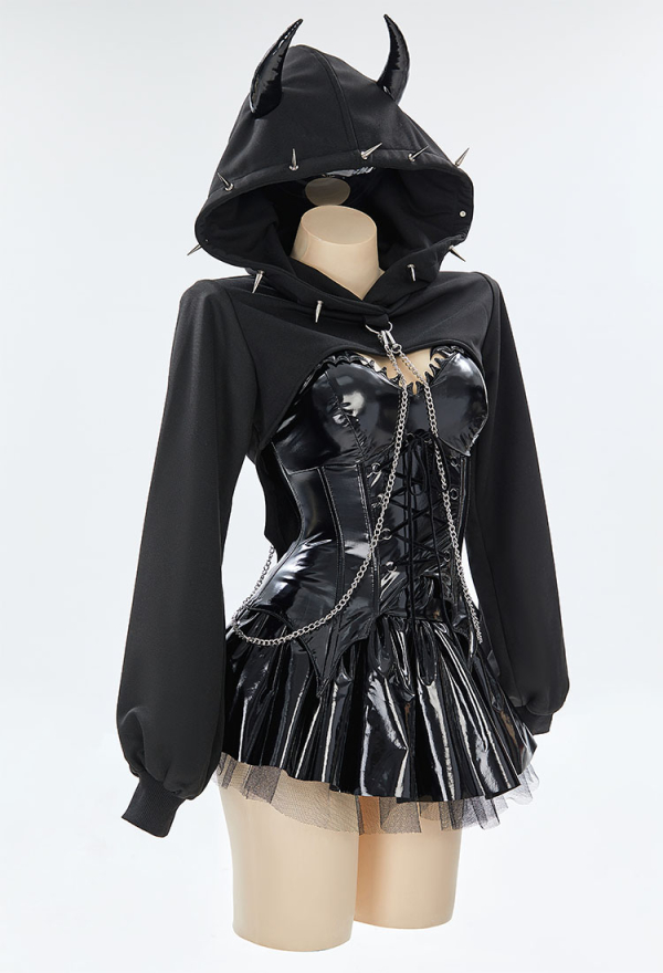 Dark Rebel Gothic Lingerie Set Black Corset Top and Mini Skirt with Short Hoodie and Thigh-High Stockings