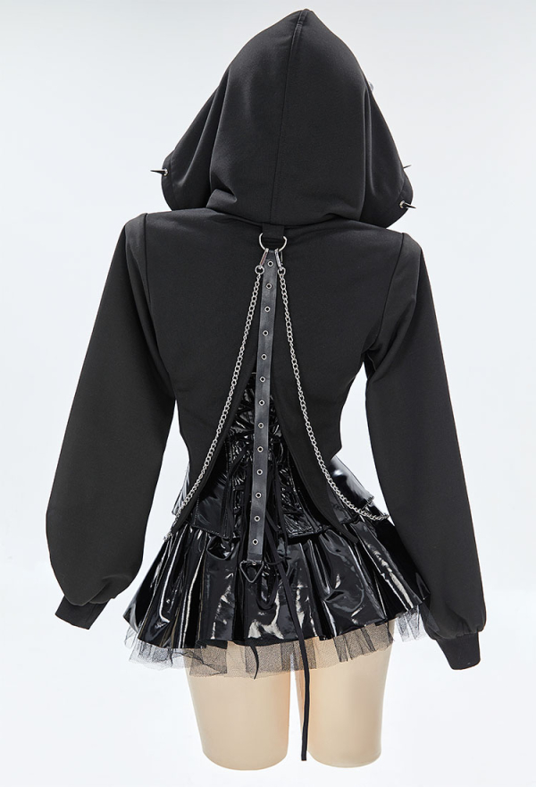 Dark Rebel Gothic Lingerie Set Black Corset Top and Mini Skirt with Short Hoodie and Thigh-High Stockings