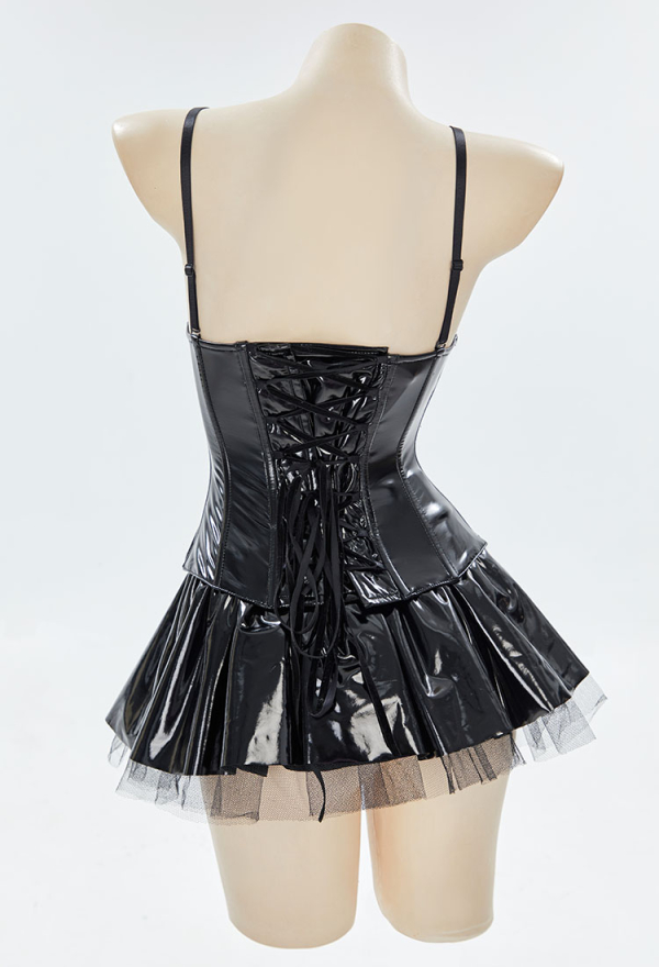 Dark Rebel Gothic Lingerie Set Black Corset Top and Mini Skirt with Short Hoodie and Thigh-High Stockings