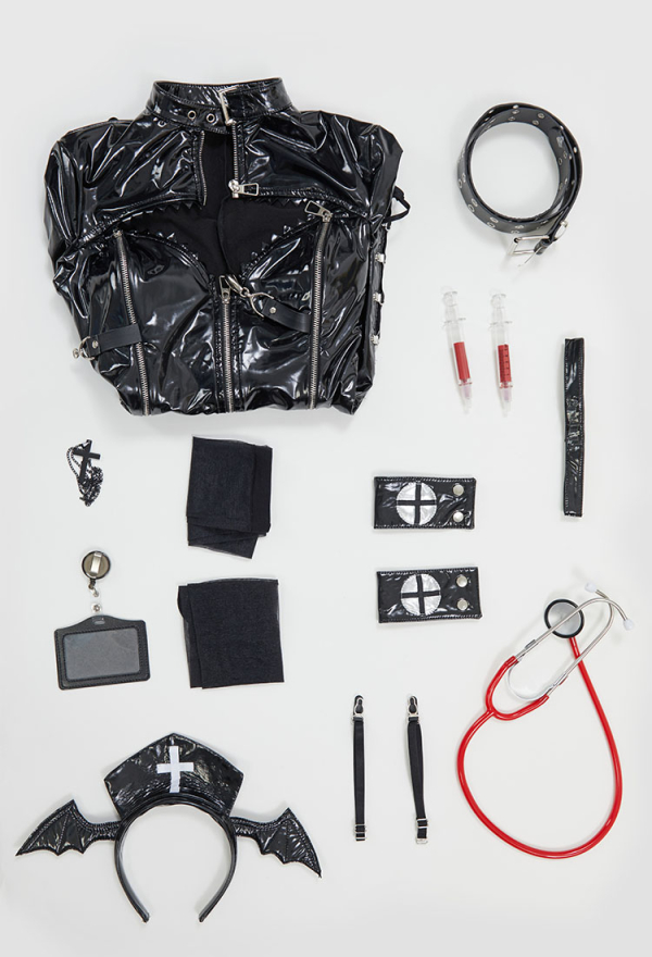 Heal or Kill Gothic Nurse Uniform Black Dress and Headband with Thigh-High Stockings and Necklace
