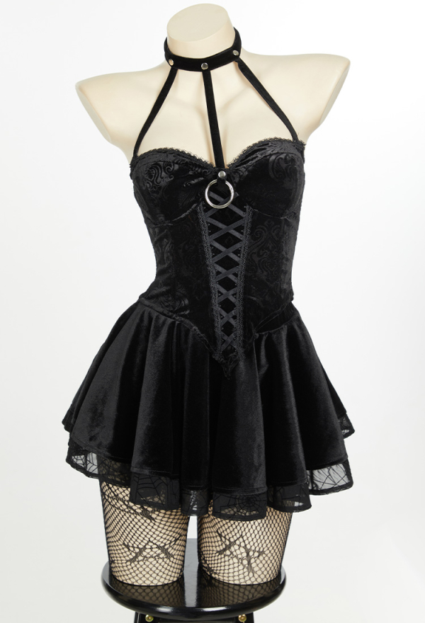 Bewitched Grace Gothic Camisole and Skirt Set Black Lace-up Sexy Style Top and Skirt with Net Stockings and Sleeves Bewitched Grace Gothic Camisole and Skirt Set Black Lace-up Sexy Style Top and Skirt with Net Stockings and Sleeves