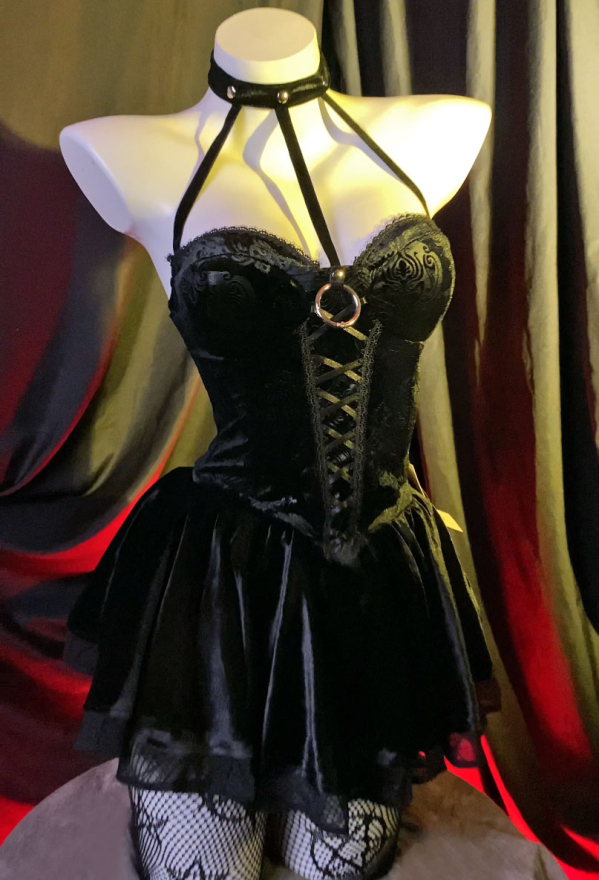 Bewitched Grace Gothic Camisole and Skirt Set Black Lace-up Sexy Style Top and Skirt with Net Stockings and Sleeves Bewitched Grace Gothic Camisole and Skirt Set Black Lace-up Sexy Style Top and Skirt with Net Stockings and Sleeves