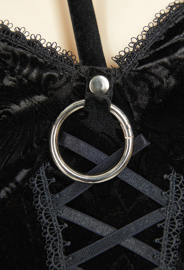 Bewitched Grace Gothic Camisole and Skirt Set Black Lace-up Sexy Style Top and Skirt with Net Stockings and Sleeves Bewitched Grace Gothic Camisole and Skirt Set Black Lace-up Sexy Style Top and Skirt with Net Stockings and Sleeves