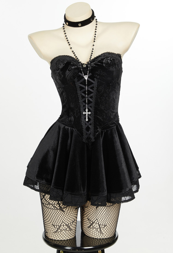 Bewitched Grace Gothic Camisole and Skirt Set Black Lace-up Sexy Style Top and Skirt with Net Stockings and Sleeves Bewitched Grace Gothic Camisole and Skirt Set Black Lace-up Sexy Style Top and Skirt with Net Stockings and Sleeves