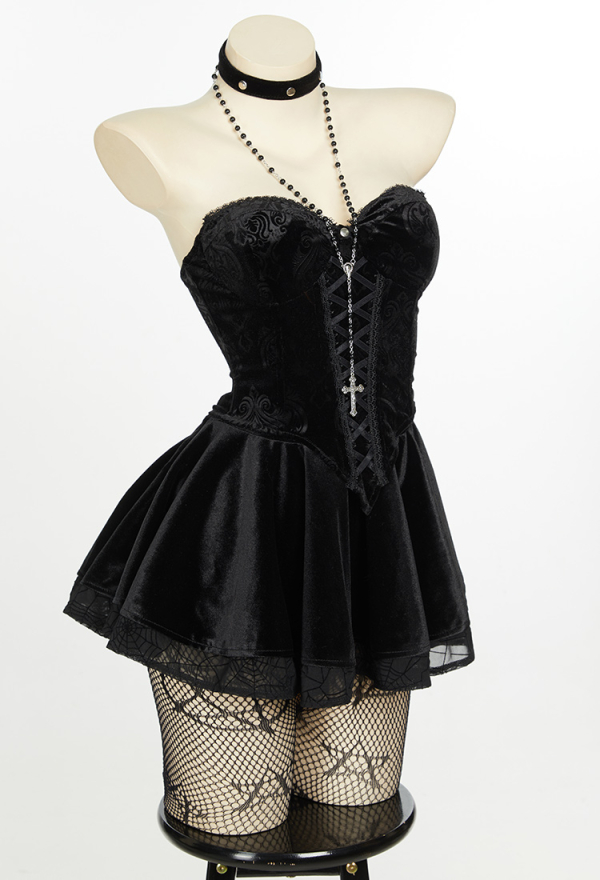Bewitched Grace Gothic Camisole and Skirt Set Black Lace-up Sexy Style Top and Skirt with Net Stockings and Sleeves Bewitched Grace Gothic Camisole and Skirt Set Black Lace-up Sexy Style Top and Skirt with Net Stockings and Sleeves