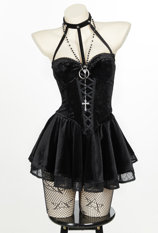 Bewitched Grace Gothic Camisole and Skirt Set Black Lace-up Sexy Style Top and Skirt with Net Stockings and Sleeves Bewitched Grace Gothic Camisole and Skirt Set Black Lace-up Sexy Style Top and Skirt with Net Stockings and Sleeves