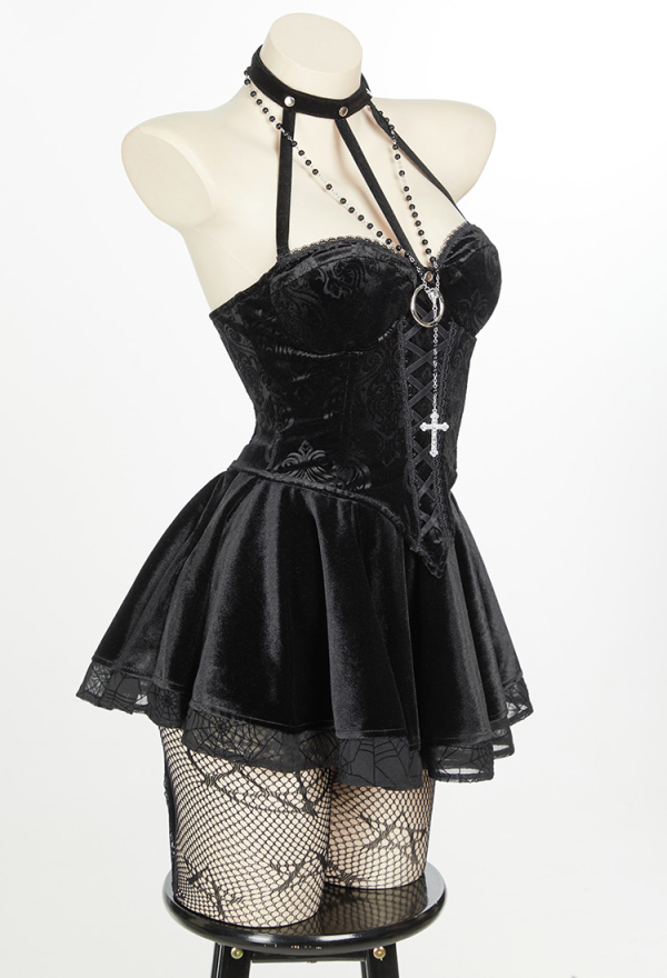 Bewitched Grace Gothic Camisole and Skirt Set Black Lace-up Sexy Style Top and Skirt with Net Stockings and Sleeves Bewitched Grace Gothic Camisole and Skirt Set Black Lace-up Sexy Style Top and Skirt with Net Stockings and Sleeves